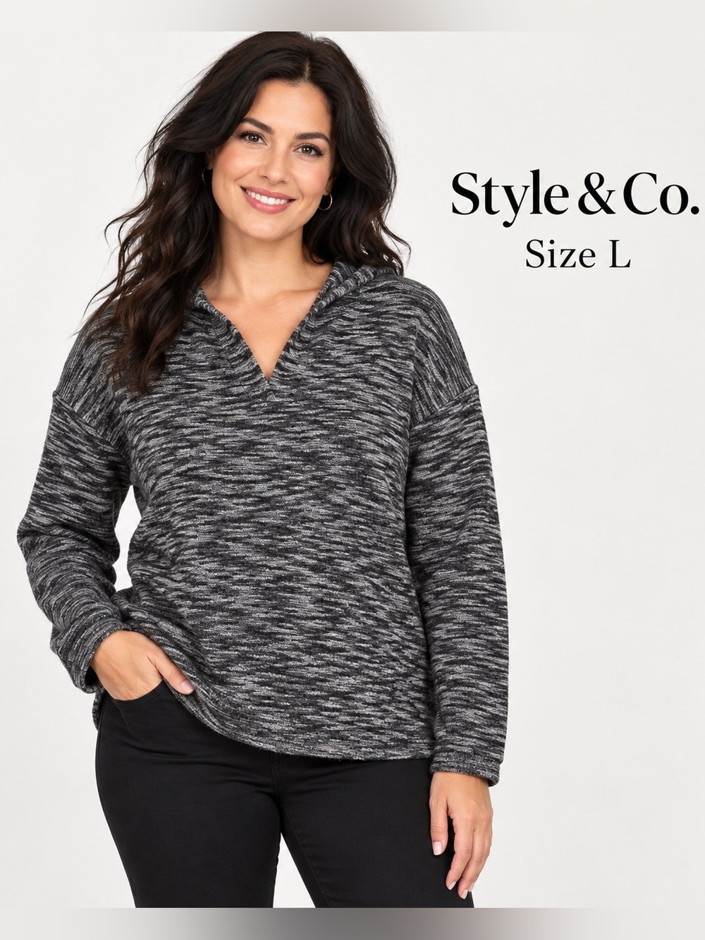 Style & Co Black Gray Marled Hooded Knit Pullover Sweater size L casual